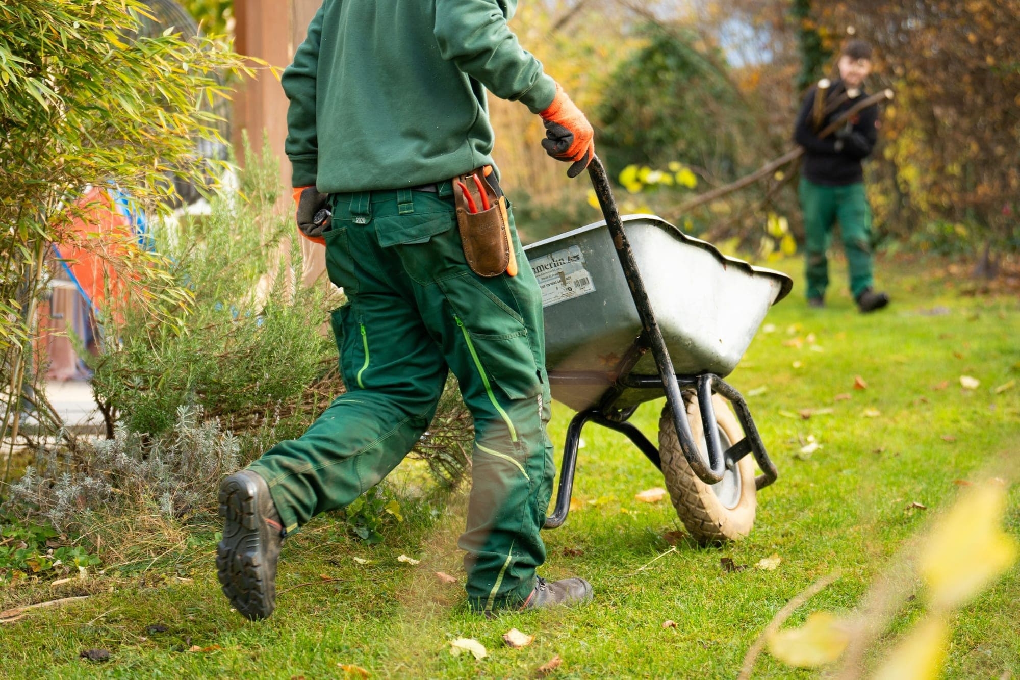 A gardener in green work clothes pushing a wheelbarrow across a lawn, seen from behind.
